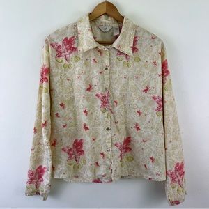 J. Jill Cream Floral Paisley 100% Cotton Lightweight Collared Button Down Top